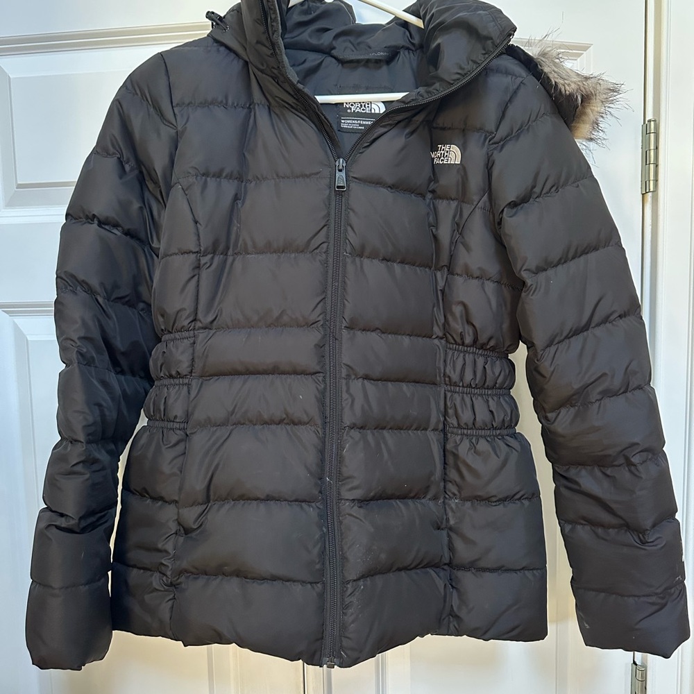 The North Face Dark Puffer Jacket with Fur Trim
